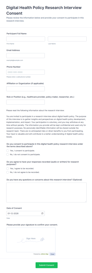 Digital Health Policy Research Interview Consent Form Template