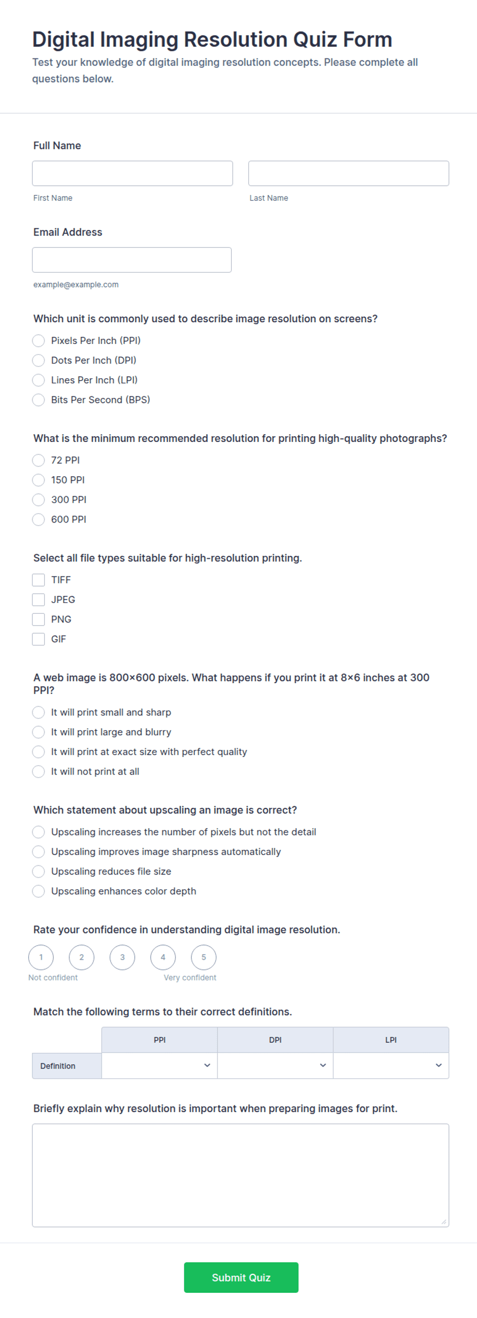 Digital Imaging Resolution Quiz Form Template | Jotform