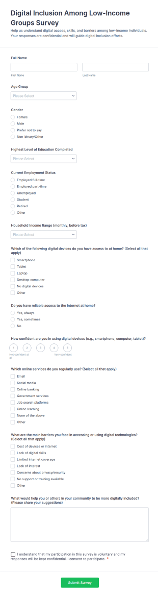 Digital Inclusion Among Low Income Groups Survey Form Template