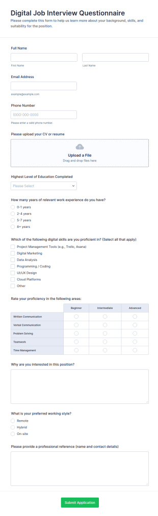 Digital Job Interview Questionnaire Form Template