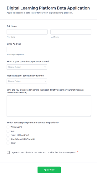 Digital Learning Platform Beta Application Form Template