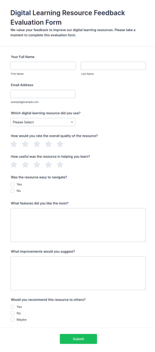Digital Learning Resource Feedback Evaluation Form Template