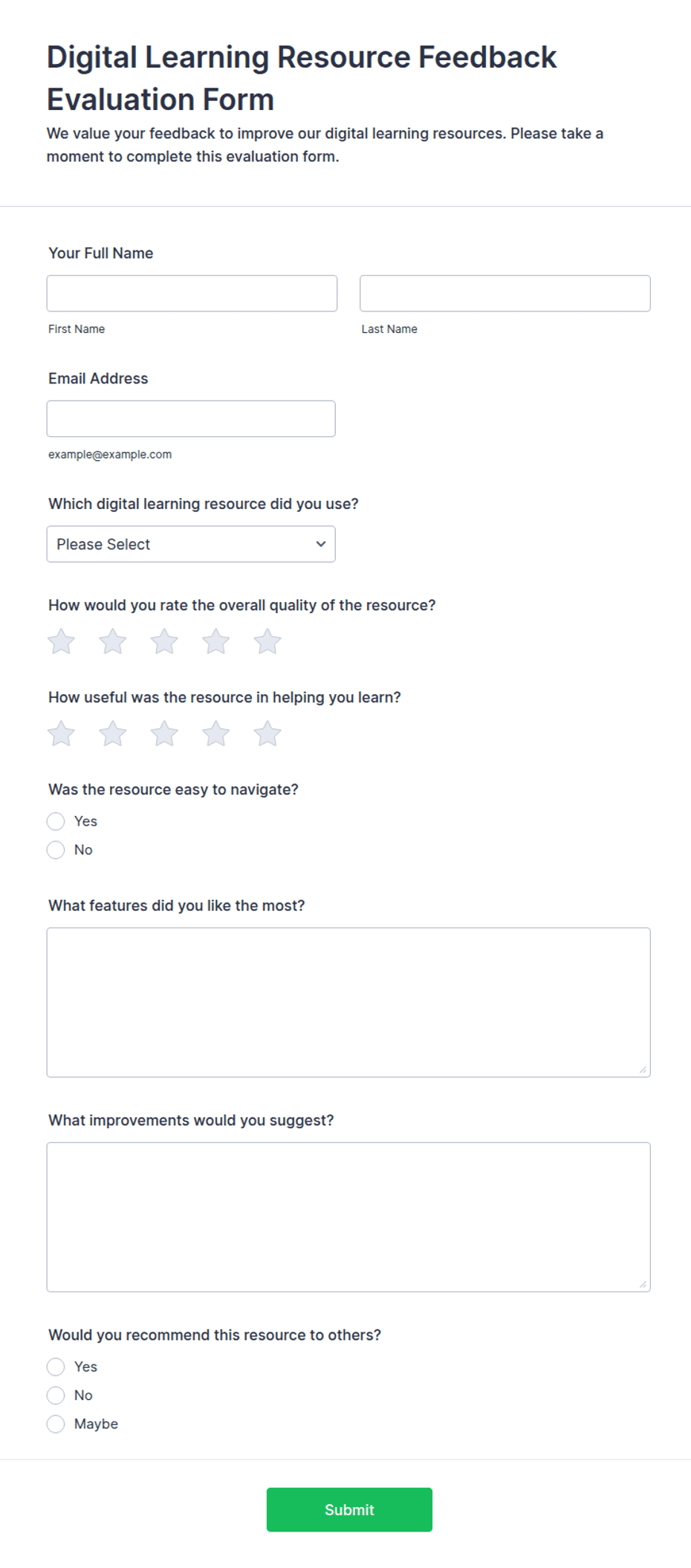 Review Form Interactive Digital Learning Resource Feedback Evaluation Form Template | Jotform