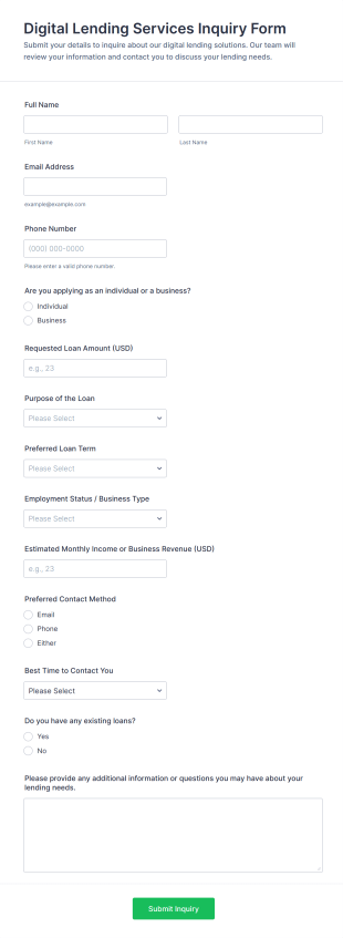 Digital Lending Services Inquiry Form Template