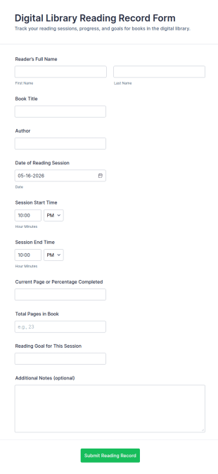 Digital Library Reading Record Form Template