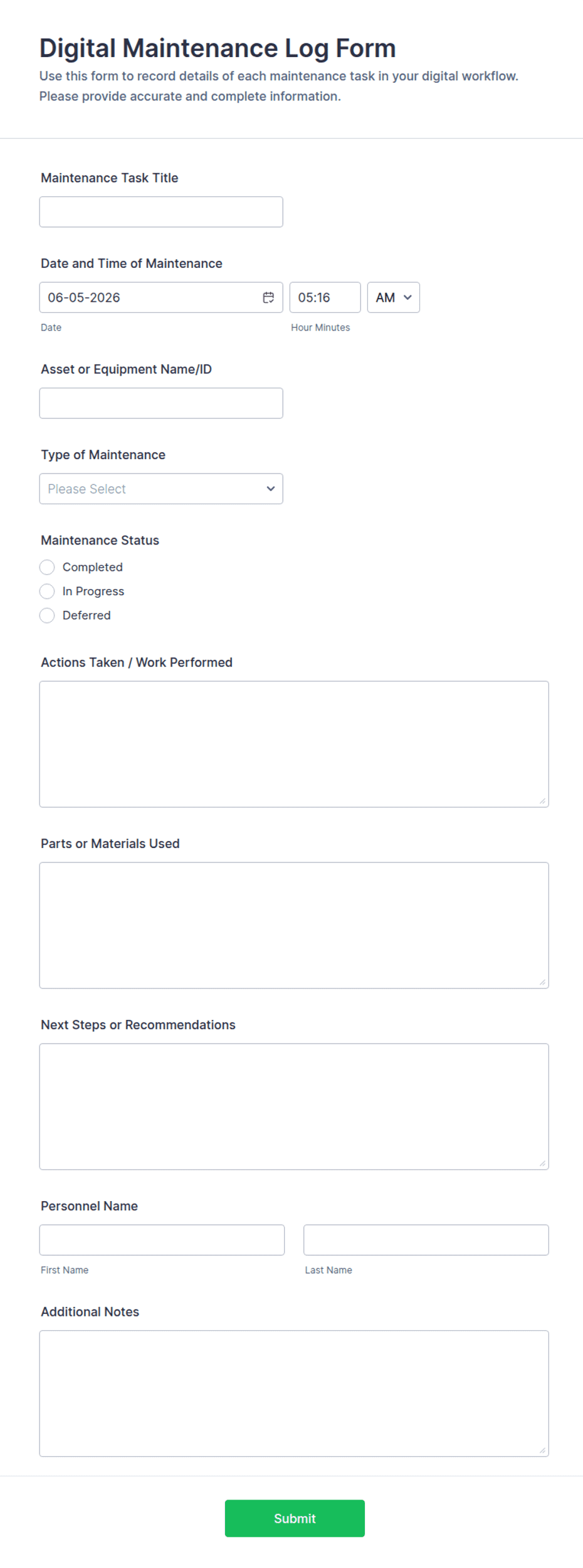 Digital Maintenance Log Form Template | Jotform