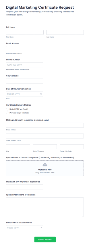 Digital Marketing Certificate Request Form Template