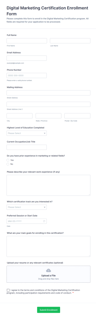 Digital Marketing Certification Enrollment Form Template