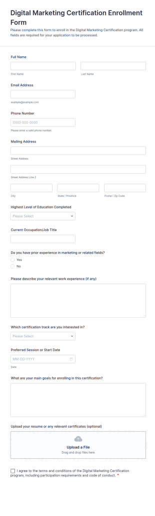 Digital Marketing Certification Enrollment Form Template