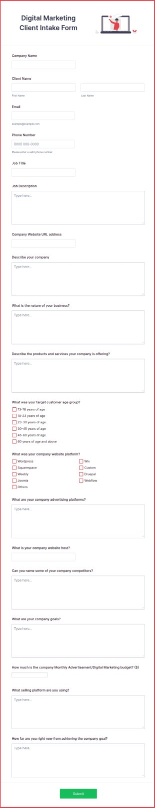 Digital Marketing Client Intake Form Template