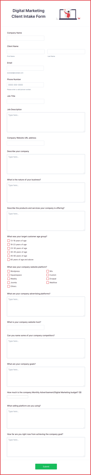 Digital Marketing Client Intake Form Template