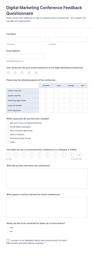 Digital Marketing Conference Feedback Questionnaire Form Template