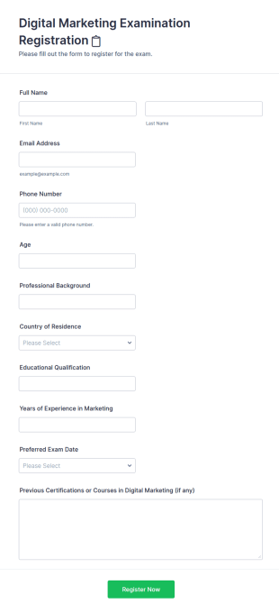 Digital Marketing Examination Registration 📋 Form Template