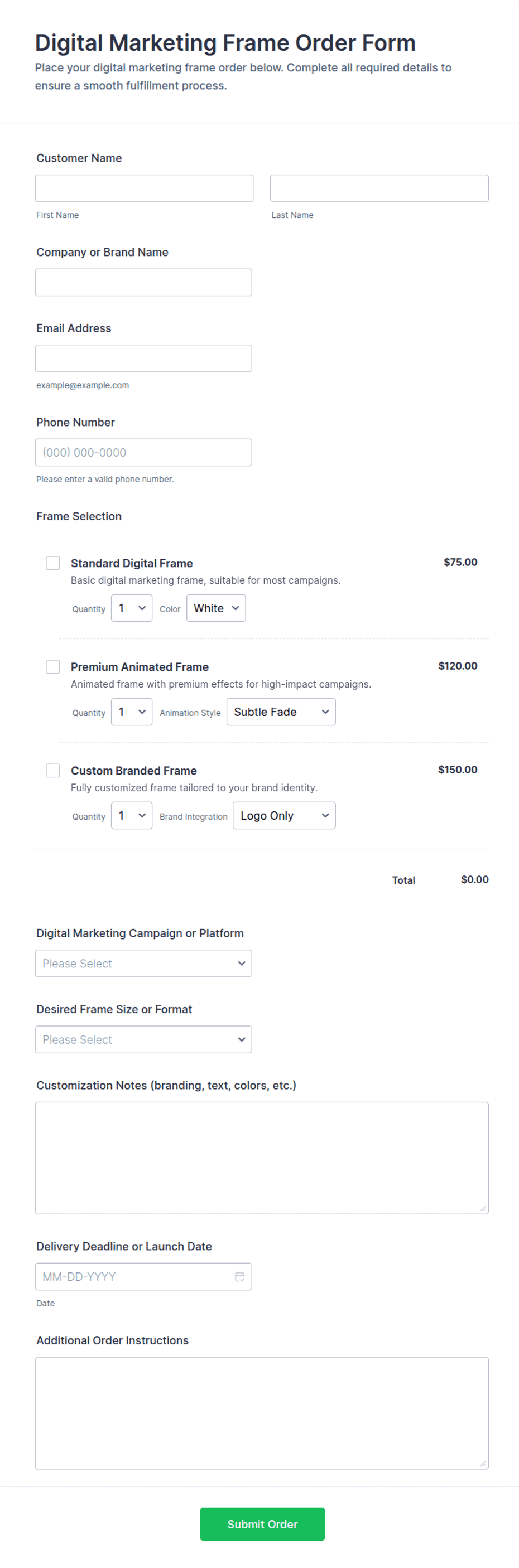 Digital Marketing Frame Order Form Template | Jotform