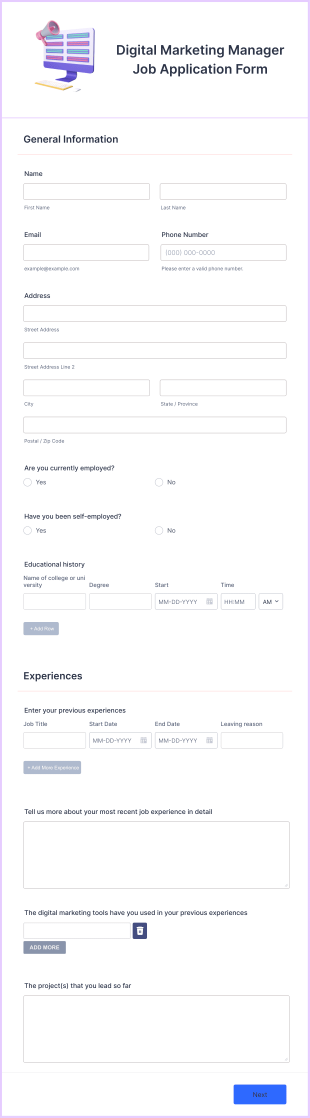 Digital Marketing Manager Job Application Form Template