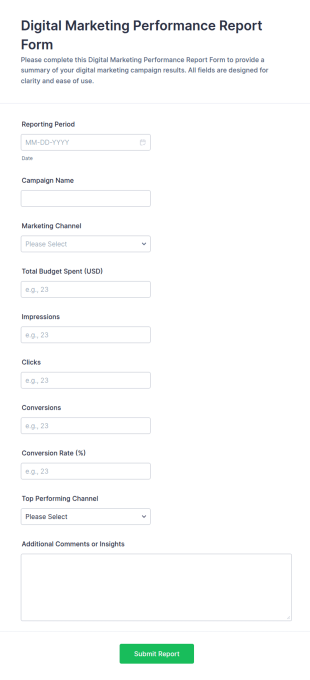Digital Marketing Performance Report Form Template