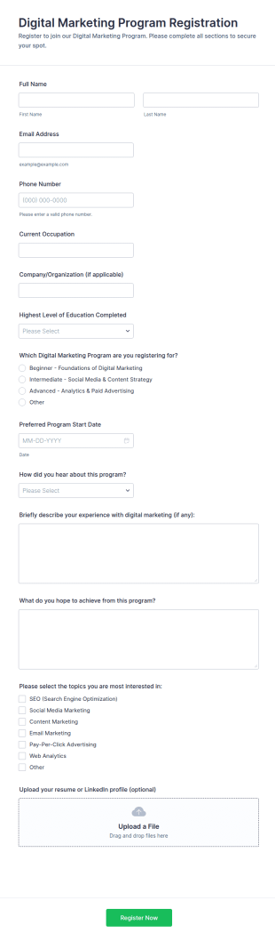 Digital Marketing Program Registration Form Template
