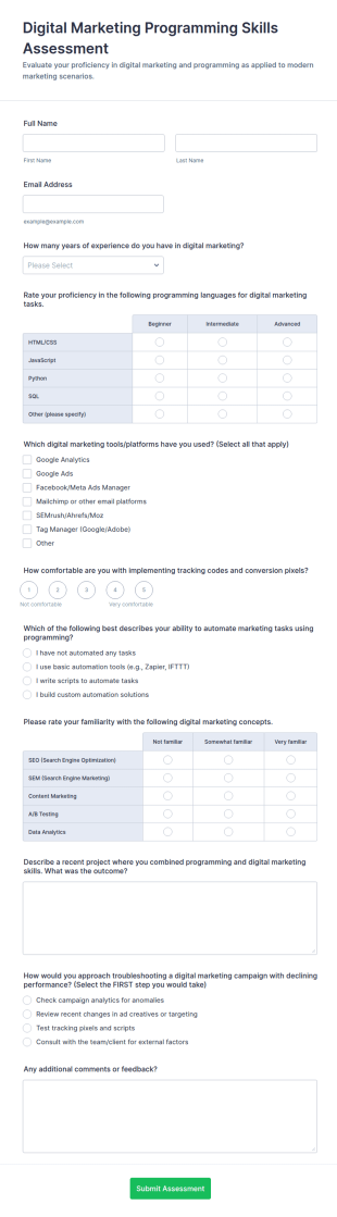 Digital Marketing Programming Skills Assessment Form Template