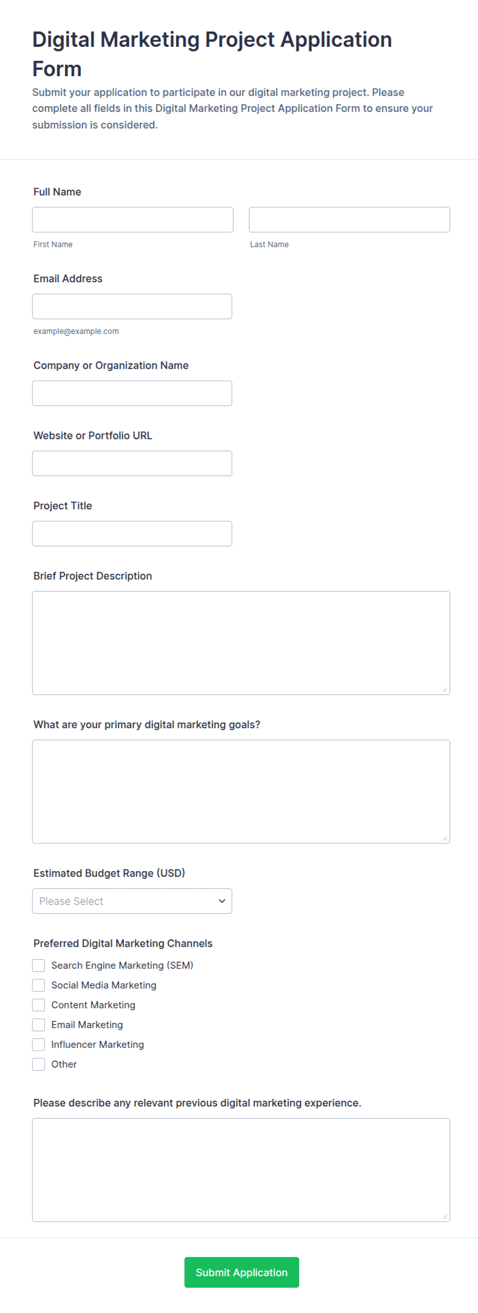 Digital Marketing Project Application Form Template | Jotform