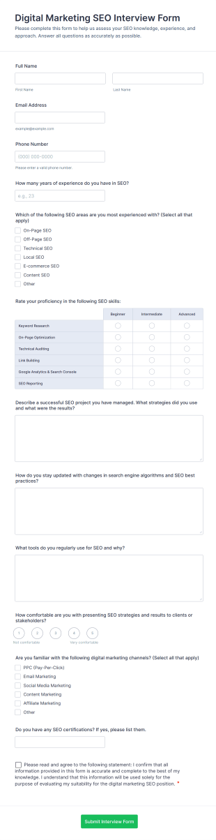 Digital Marketing SEO Interview Form Template