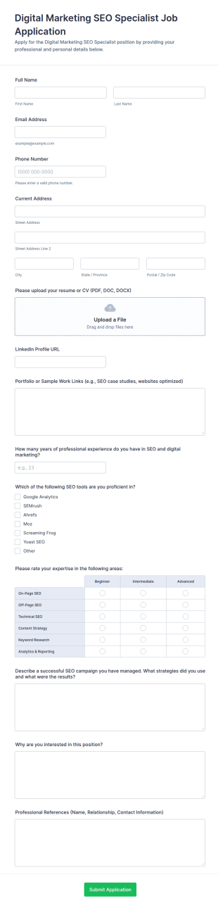 Digital Marketing SEO Specialist Job Application Form Template