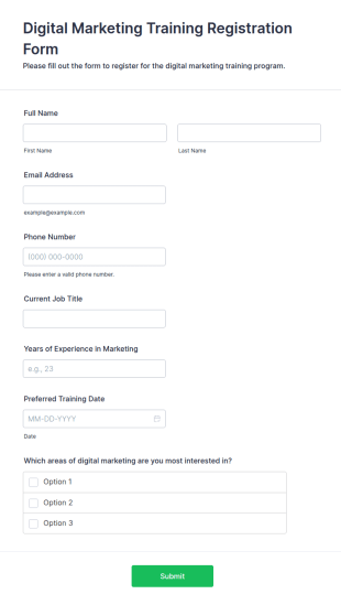 Digital Marketing Training Registration Form Template