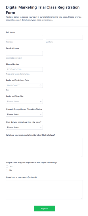 Digital Marketing Trial Class Registration Form Template