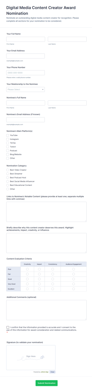 Digital Media Content Creator Award Nomination Form Template