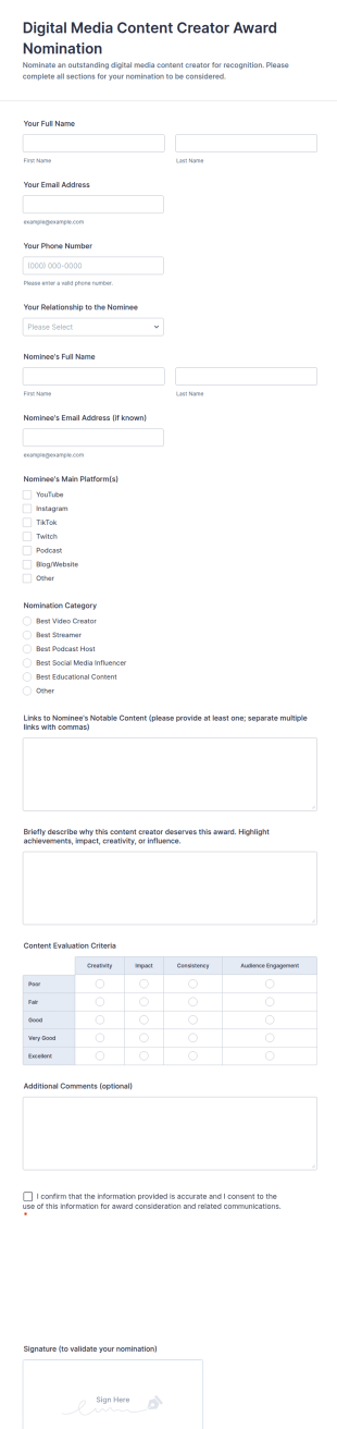 Digital Media Content Creator Award Nomination Form Template