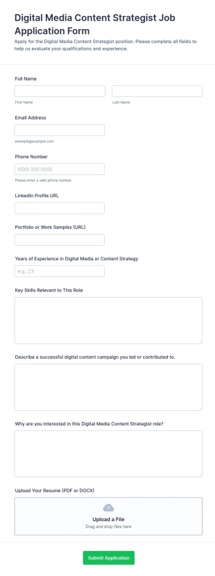 Digital Media Content Strategist Job Application Form Template