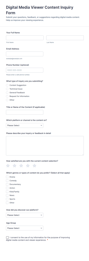 Digital Media Viewer Content Inquiry Form Template