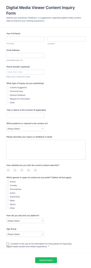 Digital Media Viewer Content Inquiry Form Template