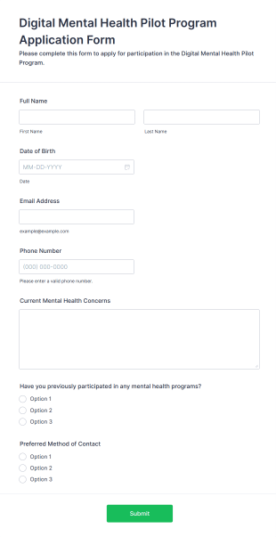 Digital Mental Health Pilot Program Application Form Form Template