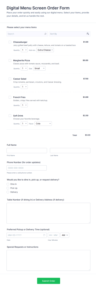 Digital Menu Screen Order Form Template