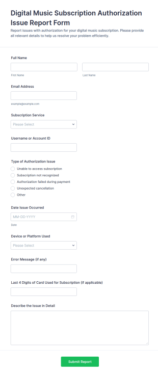 Digital Music Subscription Issue Report Form Template