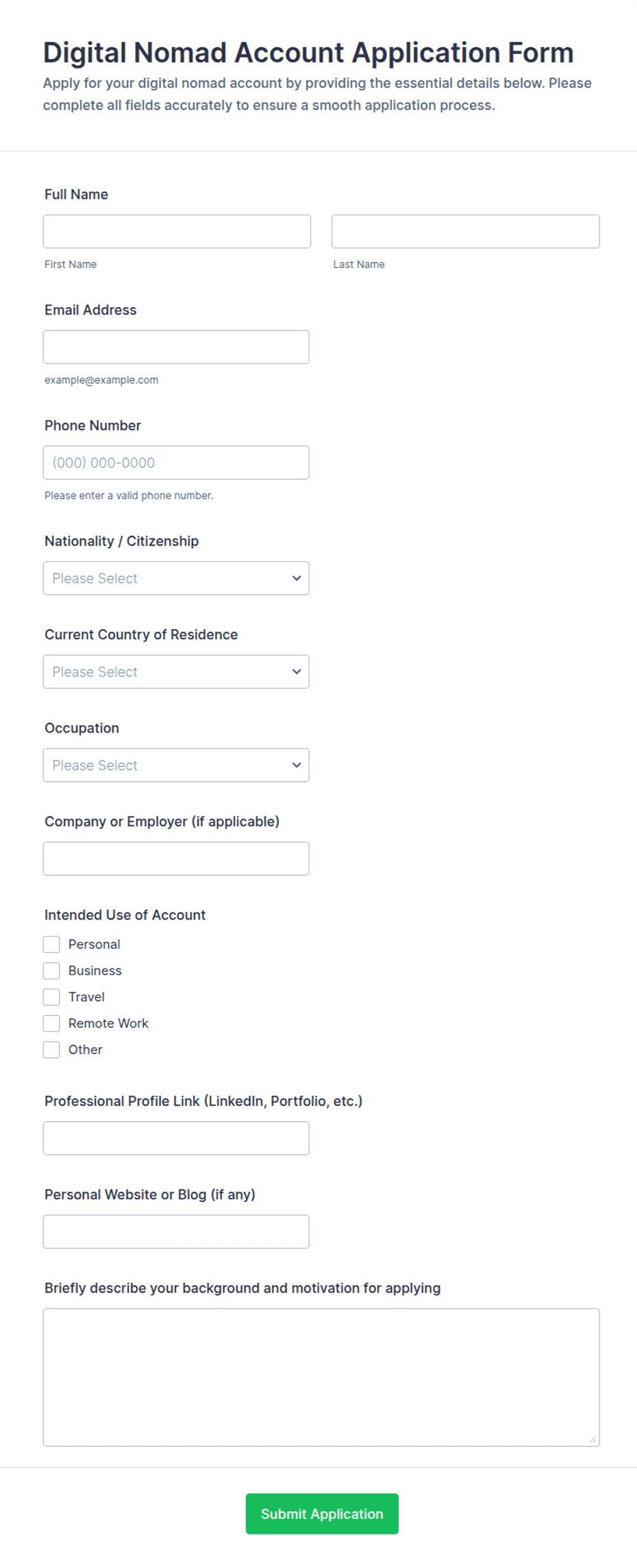 Digital Nomad Account Application Form Template | Jotform