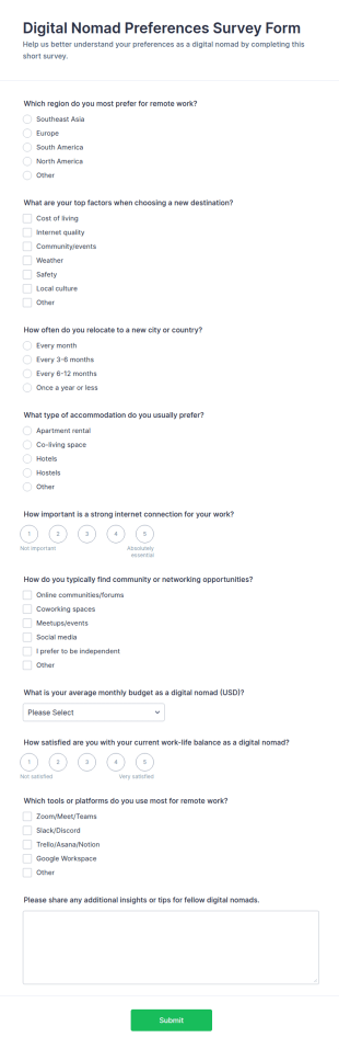 Digital Nomad Preferences Survey Form Template