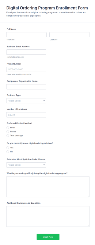 Digital Ordering Program Enrollment Form Template