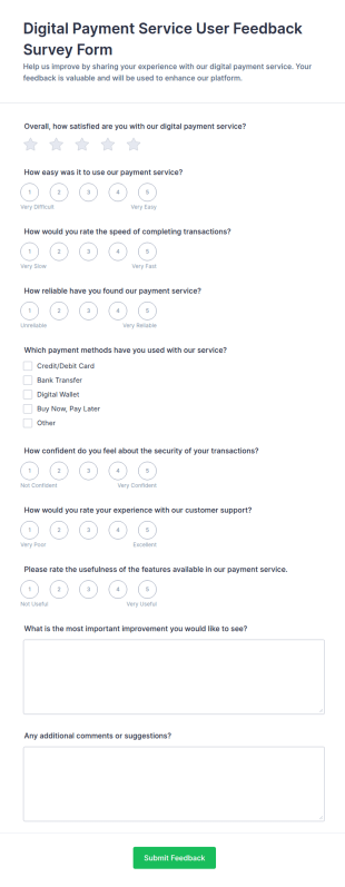 Digital Payment Service User Feedback Survey Form Template