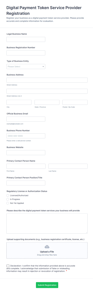 Digital Payment Token Service Provider Registration Form Template