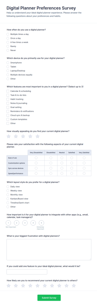 Digital Planner Preferences Survey Form Template