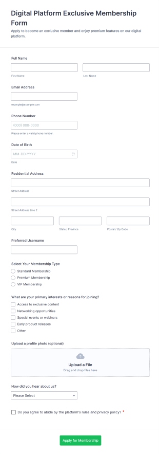 Digital Platform Exclusive Membership Form Template