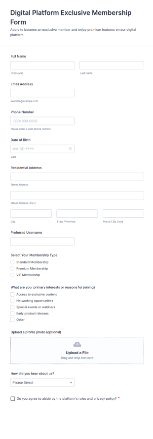 Digital Platform Exclusive Membership Form Template