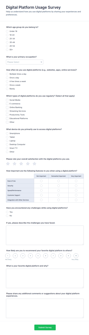 Digital Platform Usage Survey Form Template