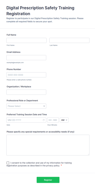 Digital Prescription Safety Training Registration Form Template