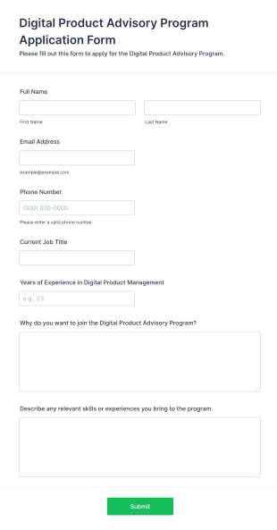 Digital Product Advisory Program Application Form Form Template