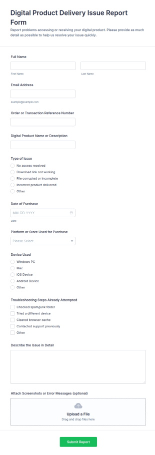 Digital Product Delivery Issue Report Form Template