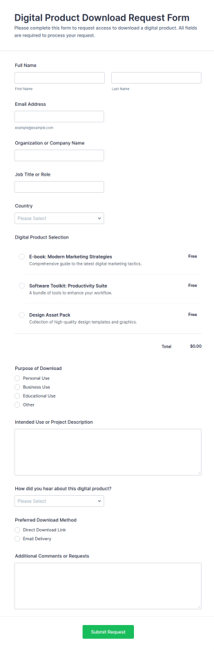 Digital Product Download Request Form Template