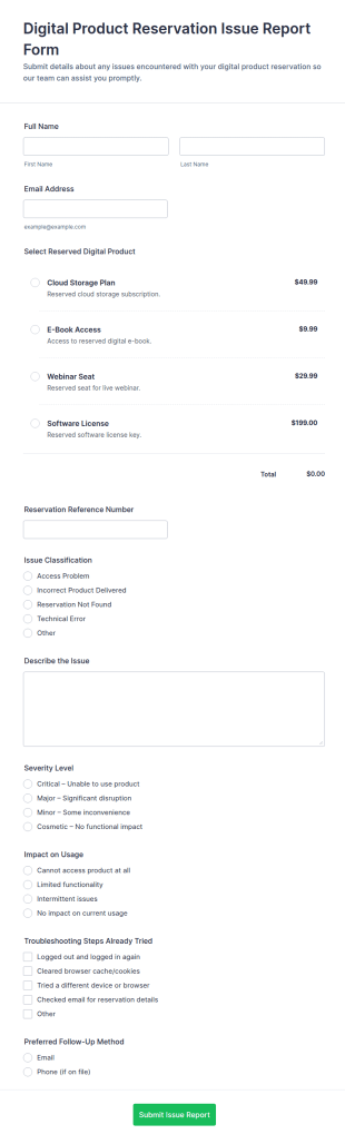 Digital Product Reservation Issue Report Form Template