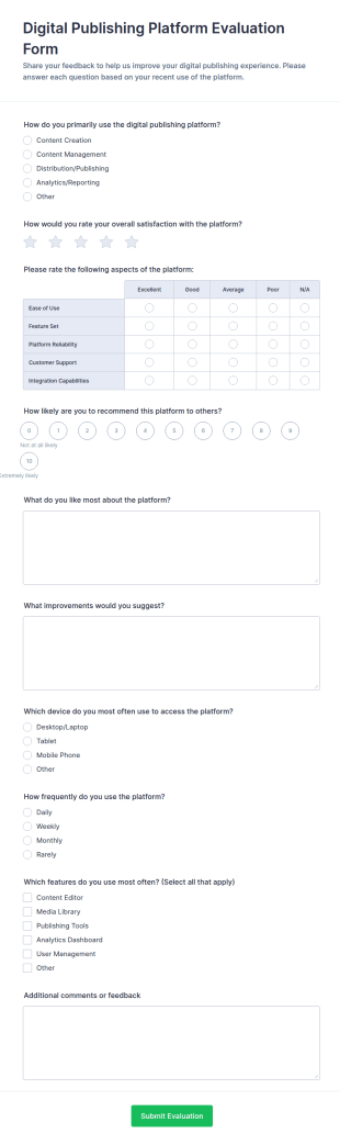 Digital Publishing Platform Evaluation Form Template
